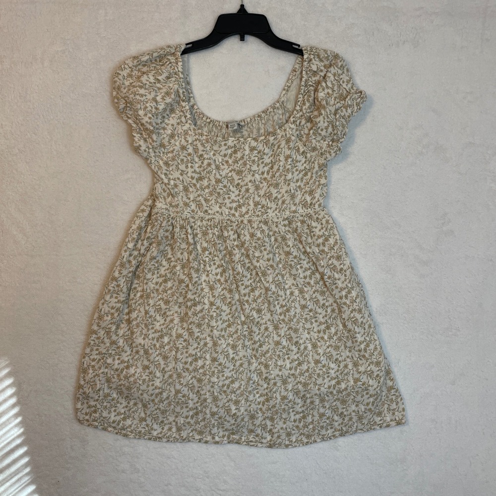American Eagle Floral Mini Dress Puff Sleeve Scoop Neck Tan White M